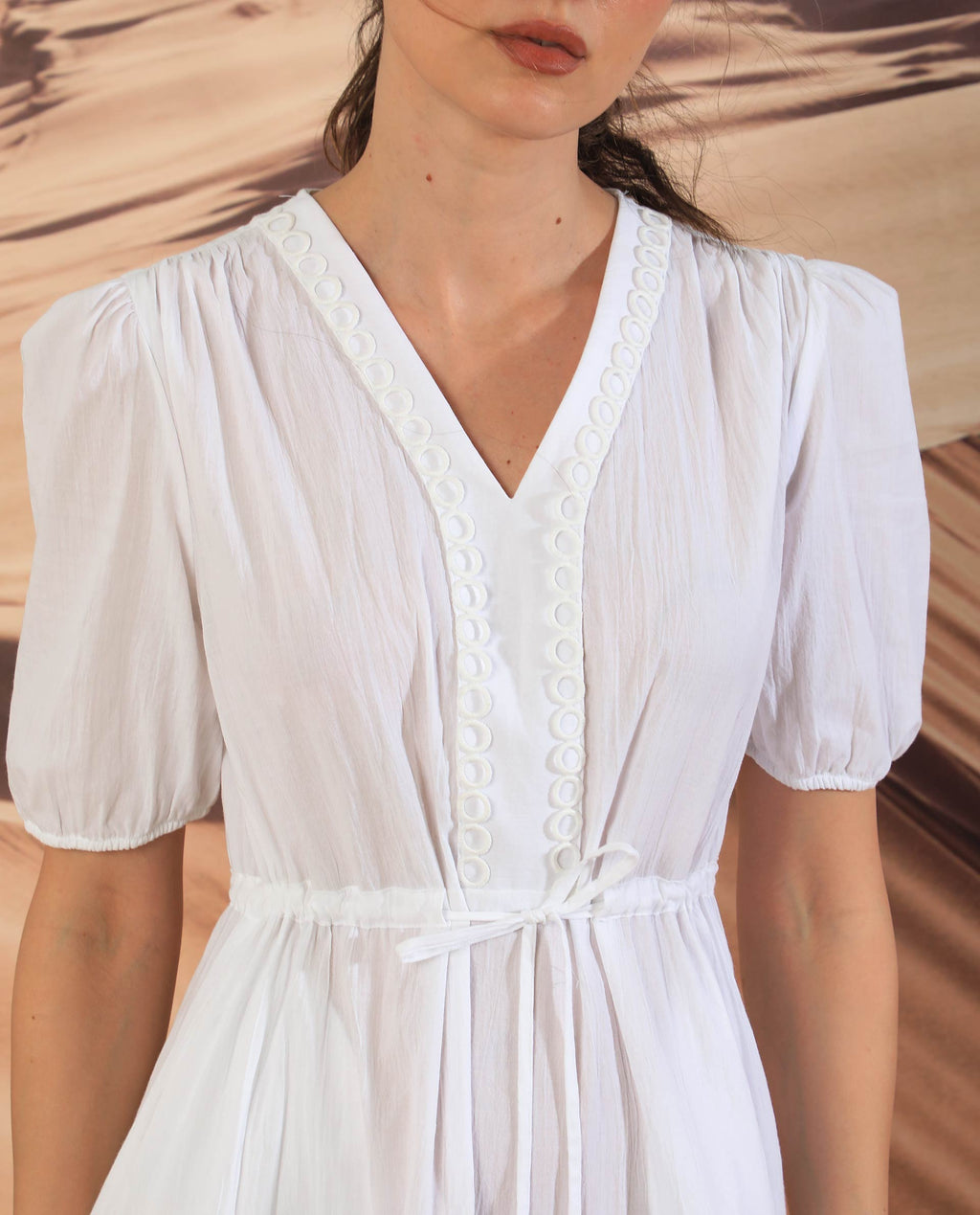 Rareism Women's Rivoli White Cotton V-Neck Plain Balloon Sleeve Maxi Regular Fit Dress