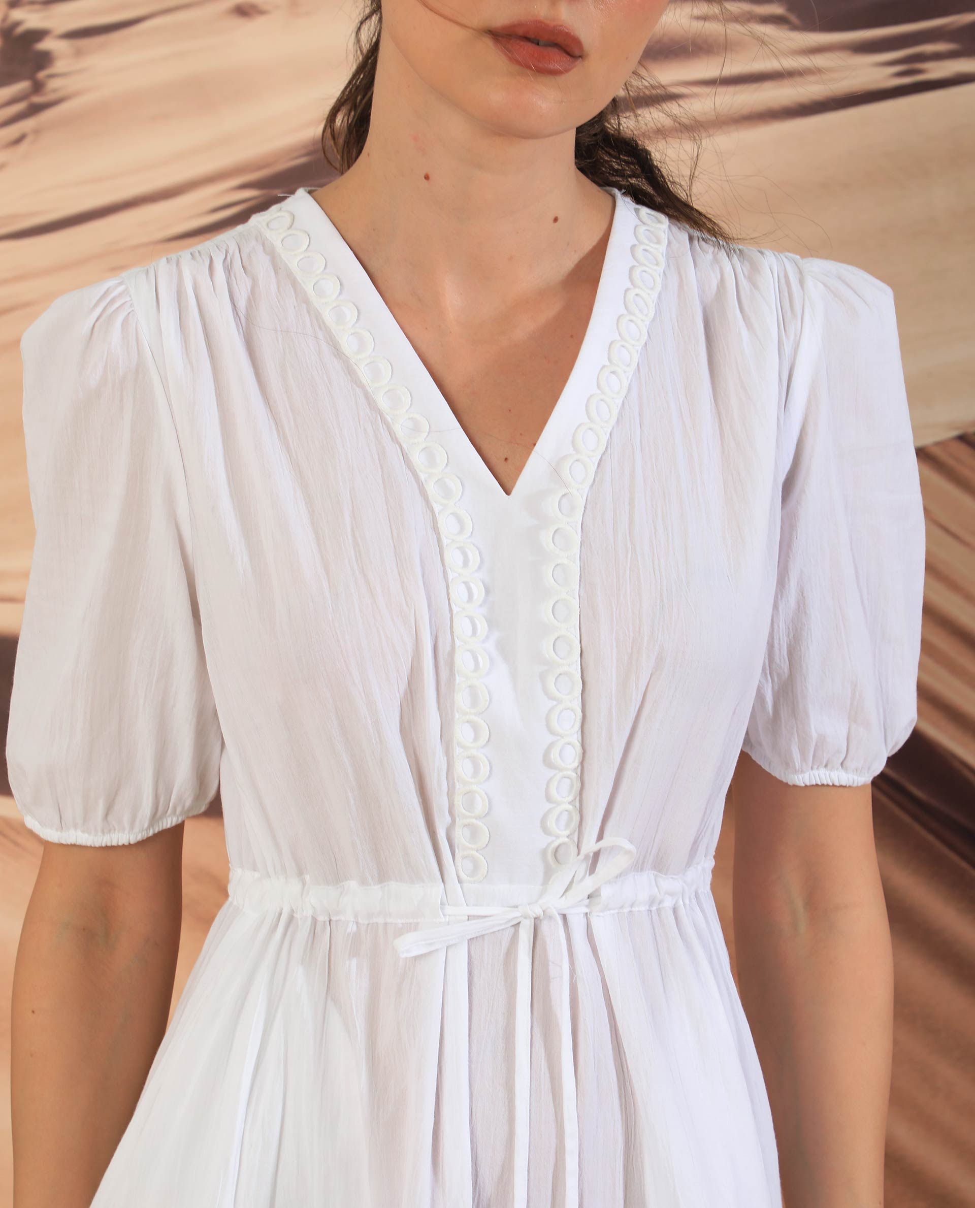 Rareism Women's Rivoli White Cotton V-Neck Plain Balloon Sleeve Maxi Regular Fit Dress