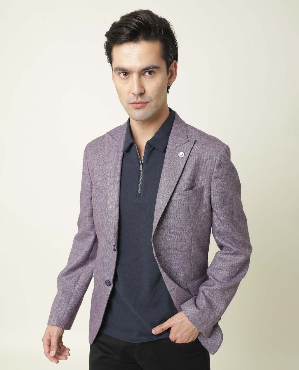 Rare Rabbit Men's Drews Purple Polyester Plain Tailored Fit Full Sleeve Lapel Neck Blazer