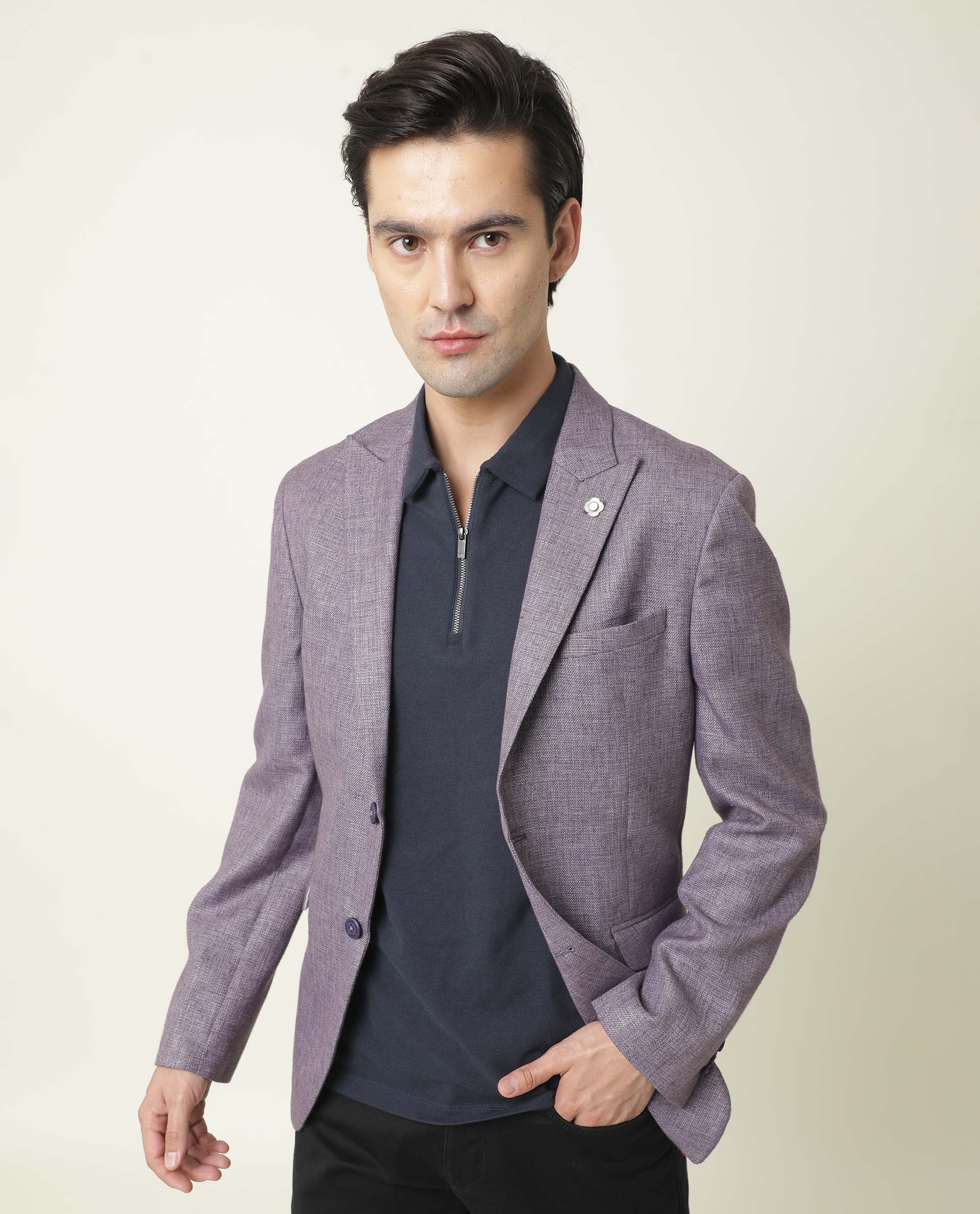 Rare Rabbit Men's Drews Purple Polyester Plain Tailored Fit Full Sleeve Lapel Neck Blazer
