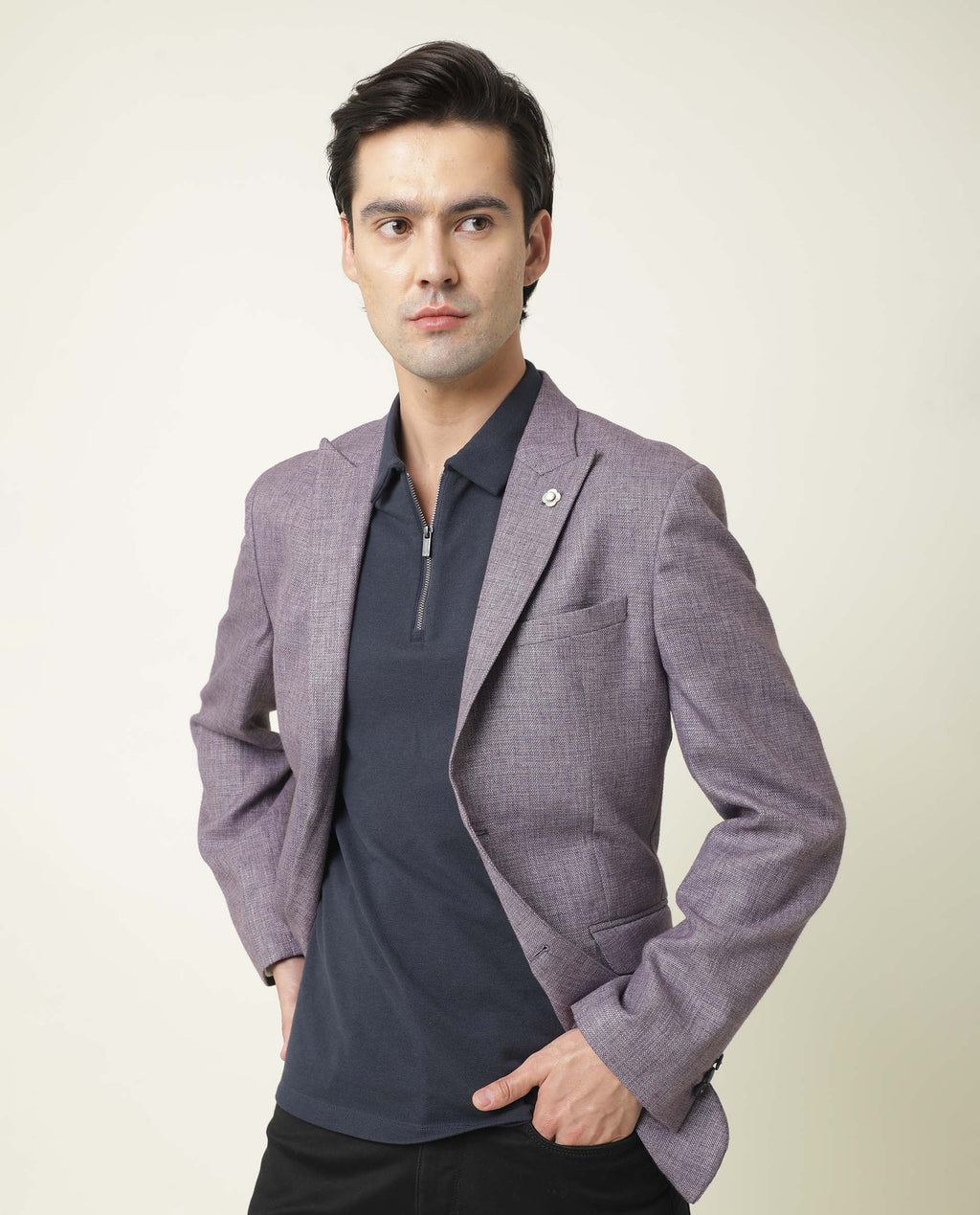 Rare Rabbit Men's Drews Purple Polyester Plain Tailored Fit Full Sleeve Lapel Neck Blazer