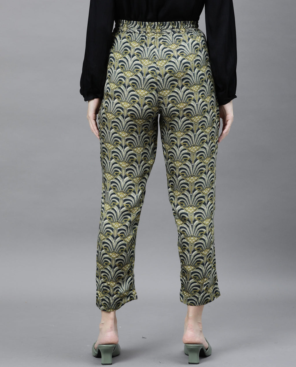 Rareism Women's Globe Green Modal Abstract Print Ankle Length Regular Fit Trouser