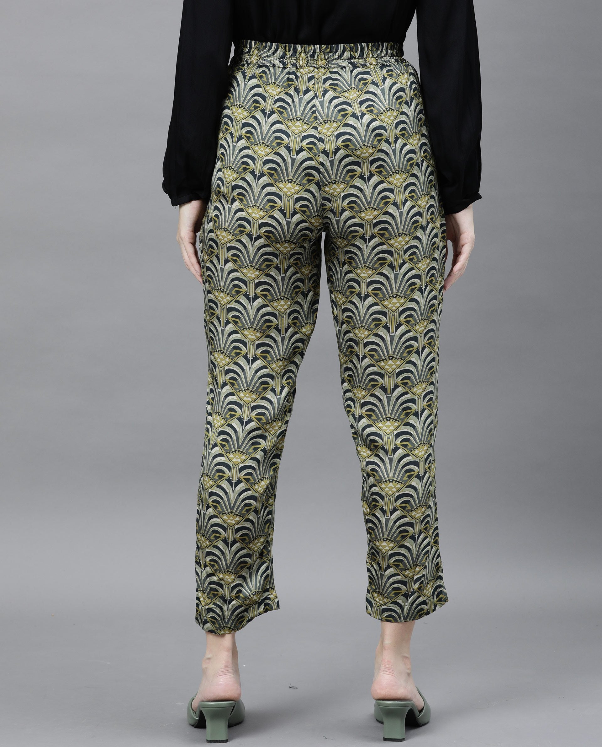 Rareism Women's Globe Green Modal Abstract Print Ankle Length Regular Fit Trouser