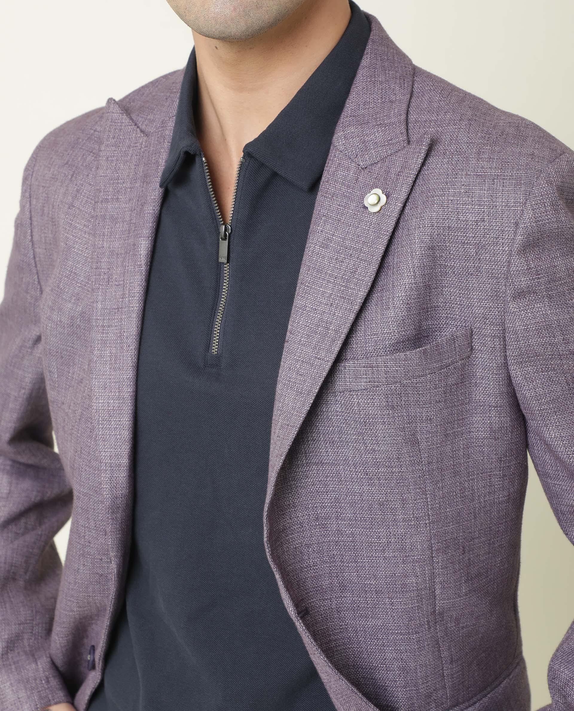 Rare Rabbit Men's Drews Purple Polyester Plain Tailored Fit Full Sleeve Lapel Neck Blazer