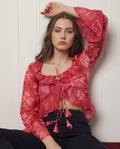 Rareism Women's Myloh Maroon Polyester V-Neck Floral Print Bell Sleeve Crop Regular Fit Shrug