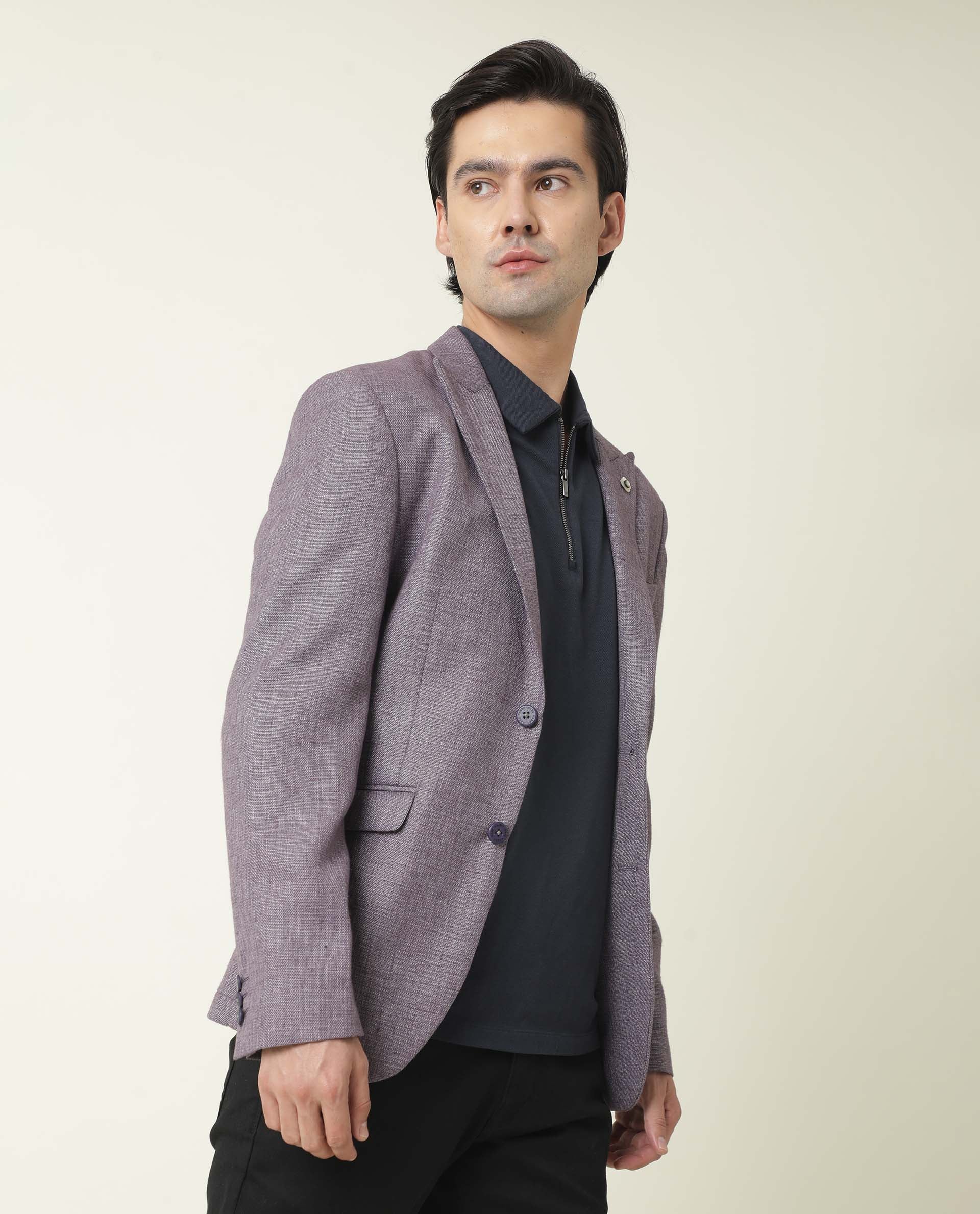 Rare Rabbit Men's Drews Purple Polyester Plain Tailored Fit Full Sleeve Lapel Neck Blazer