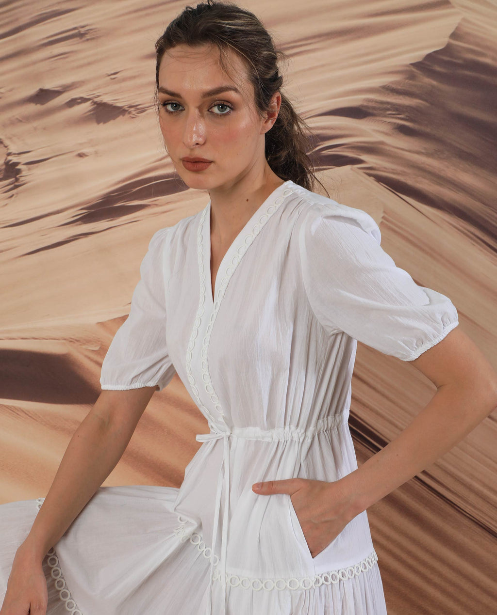 Rareism Women's Rivoli White Cotton V-Neck Plain Balloon Sleeve Maxi Regular Fit Dress