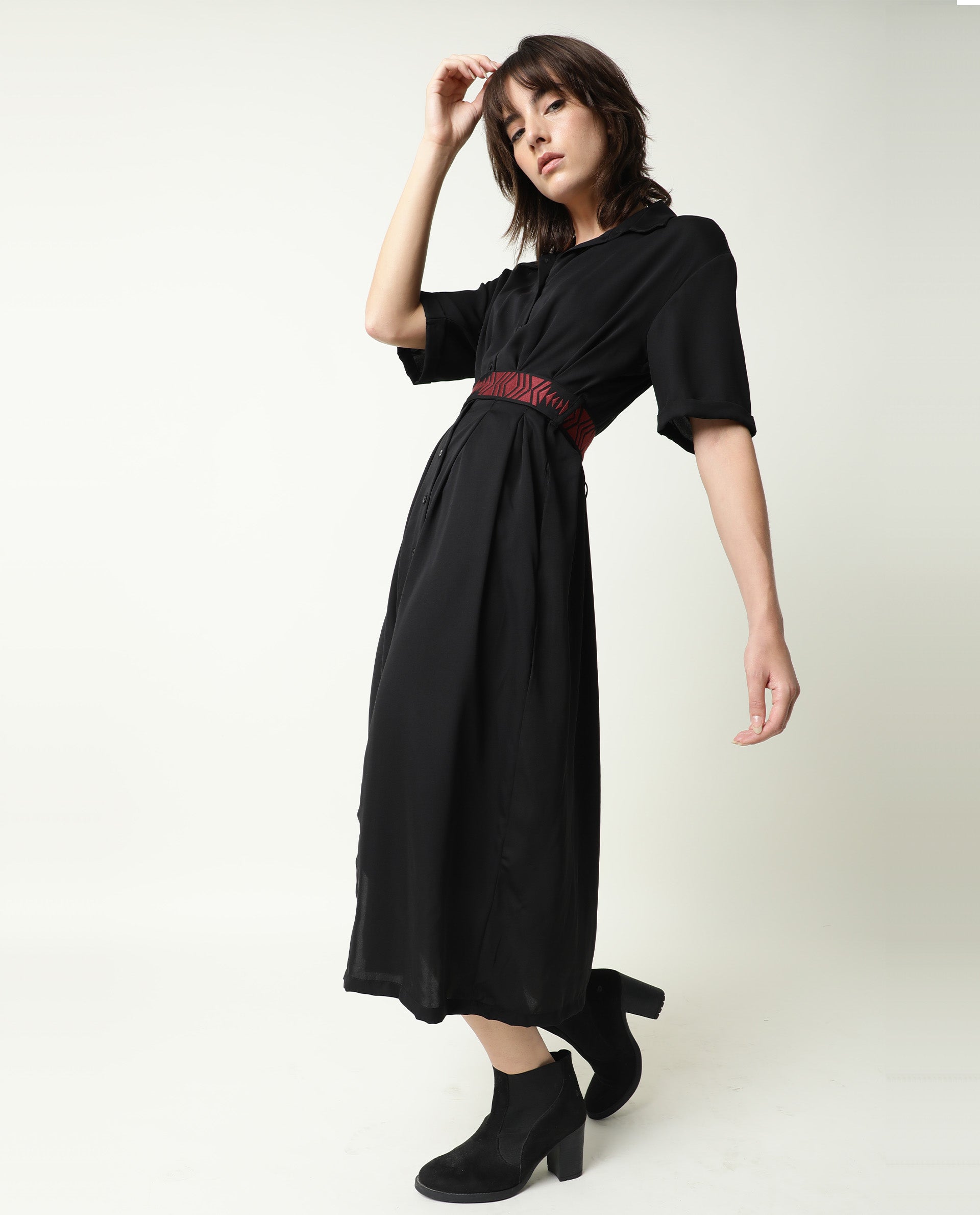 Rareism Women's Shroff Black Polyester Spread Collar Plain Midi Relaxed Fit Dress