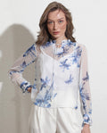 Rareism Women's Dream White Polyester Tie-Up Neck Abstract Print Ruffled Sleeve Relaxed Fit Top