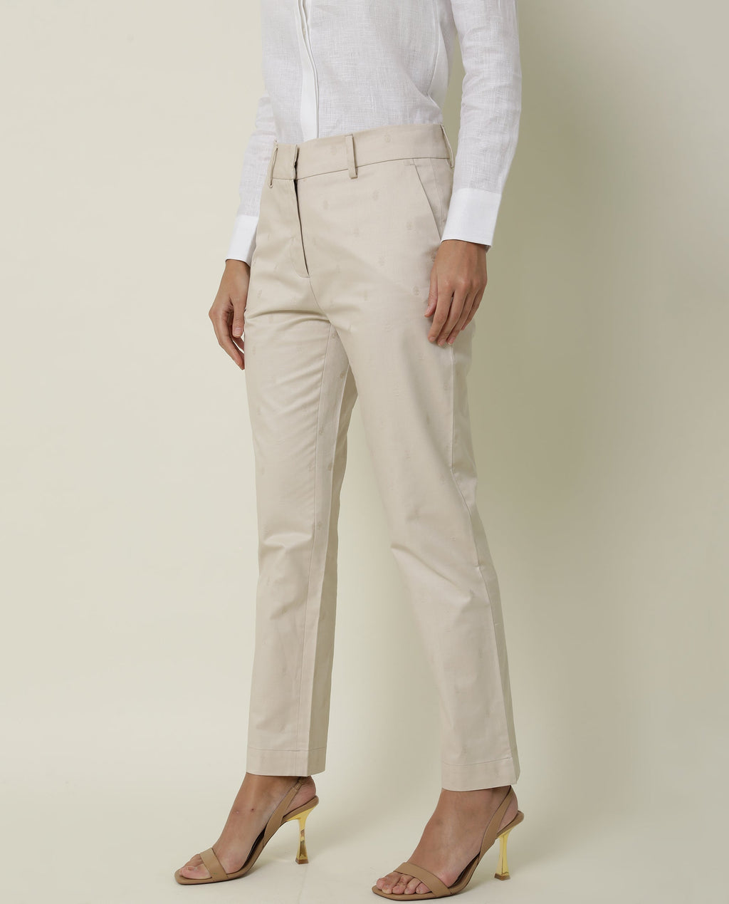 Rareism Women's Odyssey Beige Viscose Plain Ankle Length Tailored Trouser
