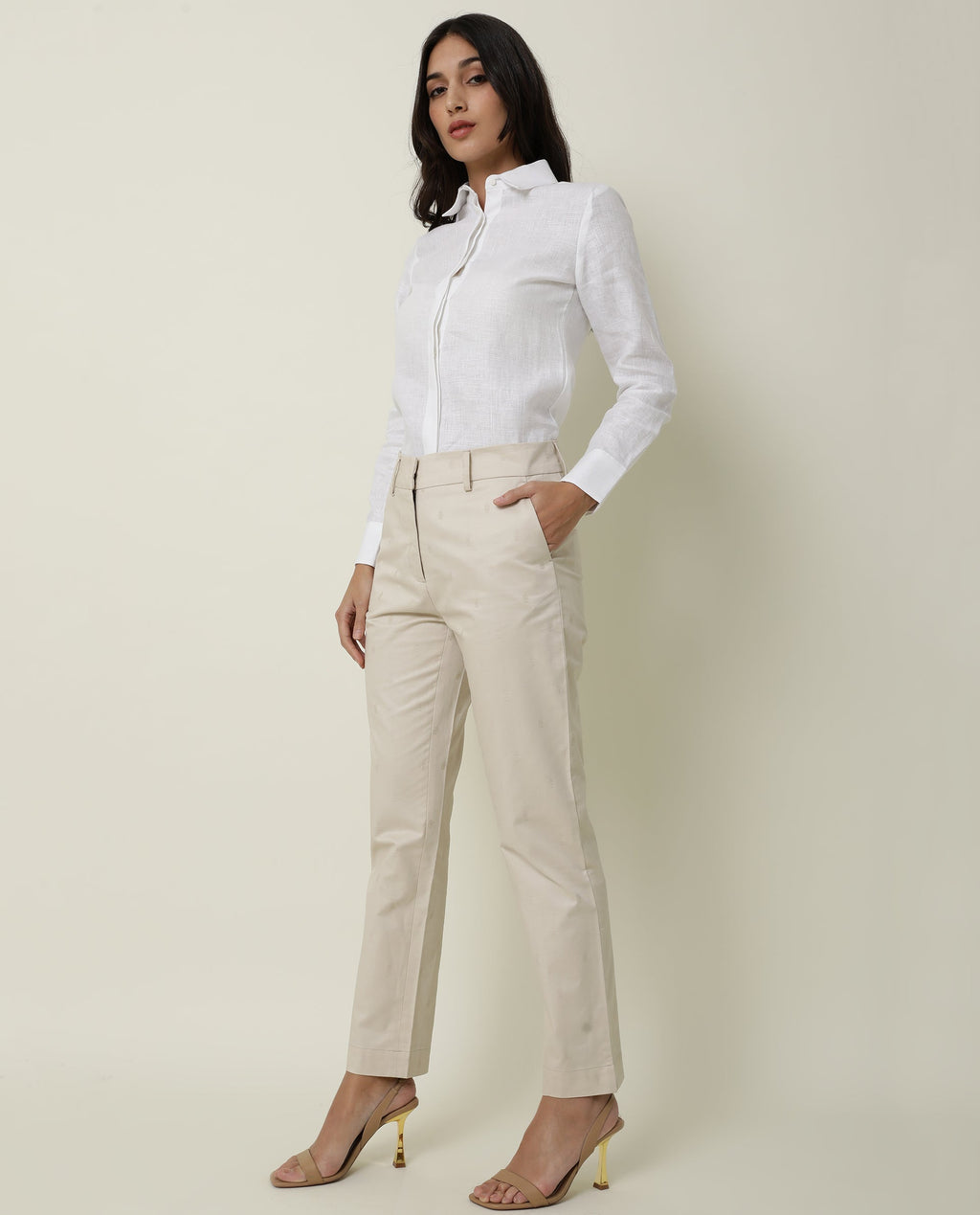 Rareism Women's Odyssey Beige Viscose Plain Ankle Length Tailored Trouser