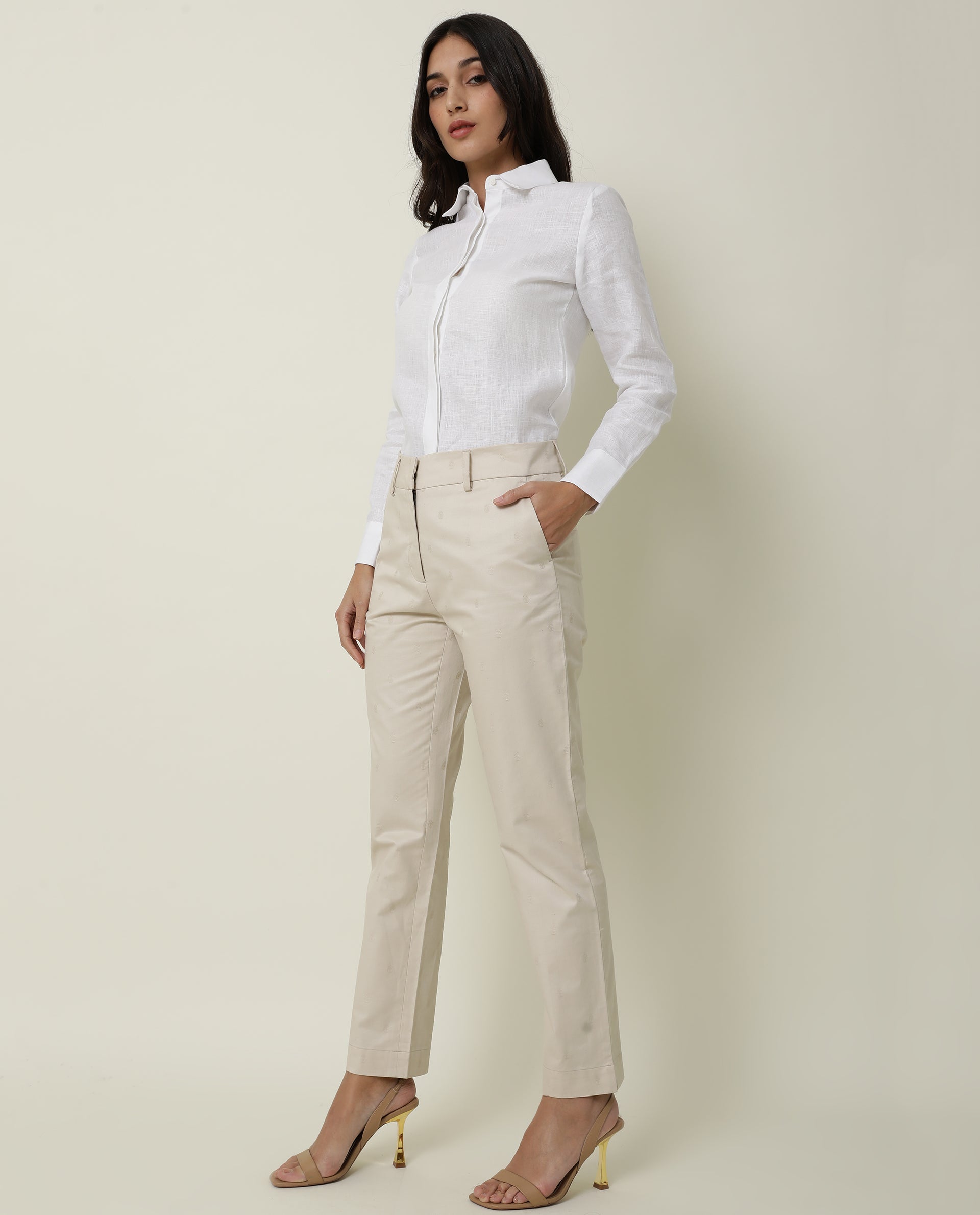 Rareism Women's Odyssey Beige Viscose Plain Ankle Length Tailored Trouser