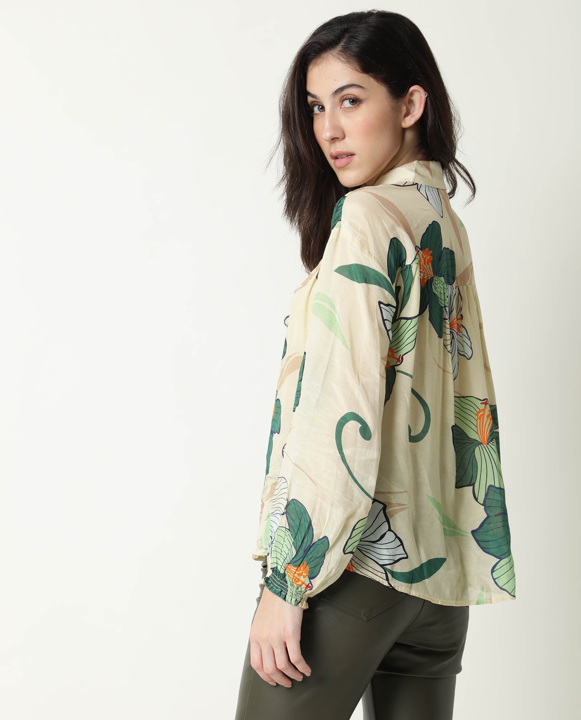 Rareism Women's Kalina Offwhite Tie-Up Neck Floral Print Knee Length Regular Fit Top