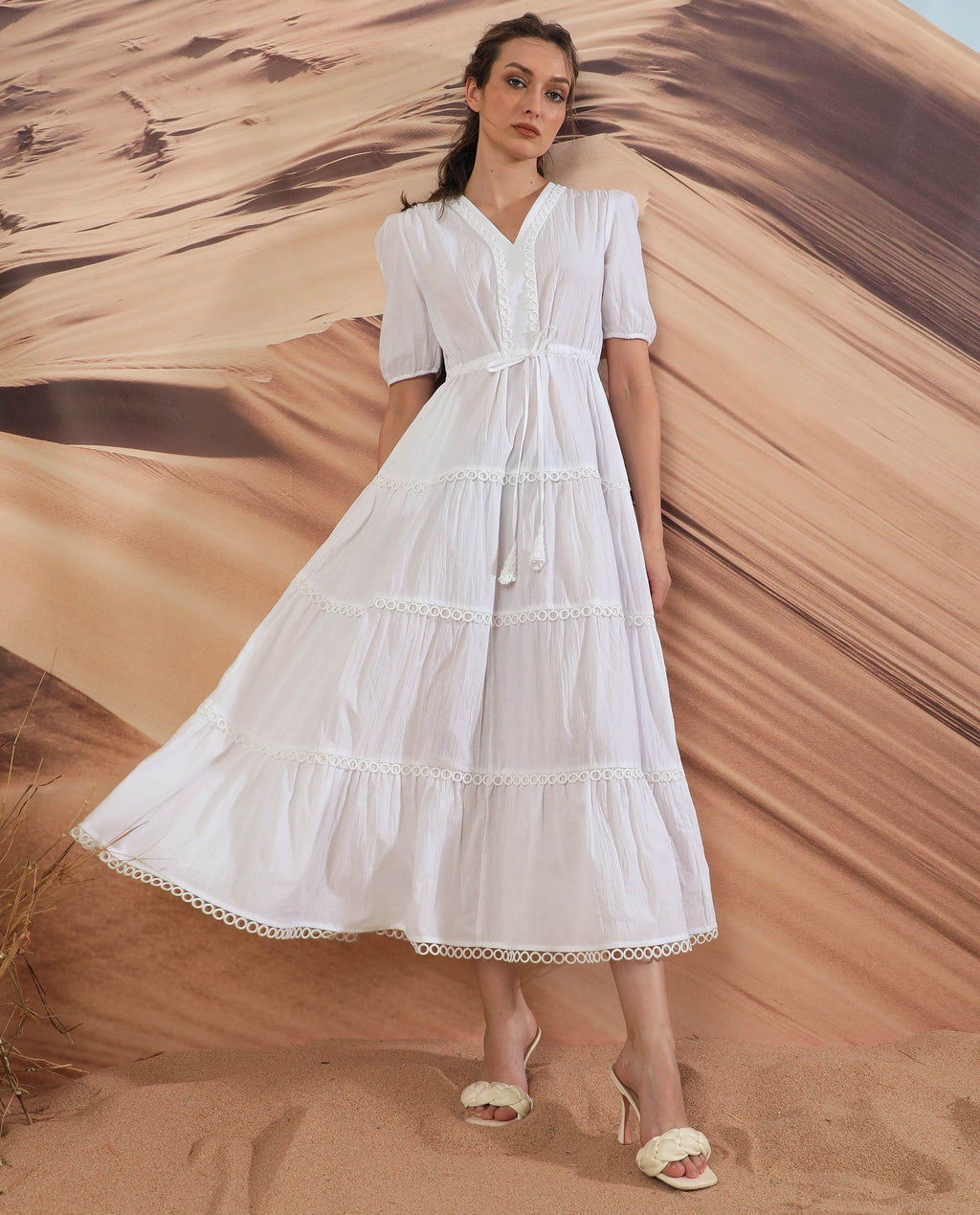 Rareism Women's Rivoli White Cotton V-Neck Plain Balloon Sleeve Maxi Regular Fit Dress