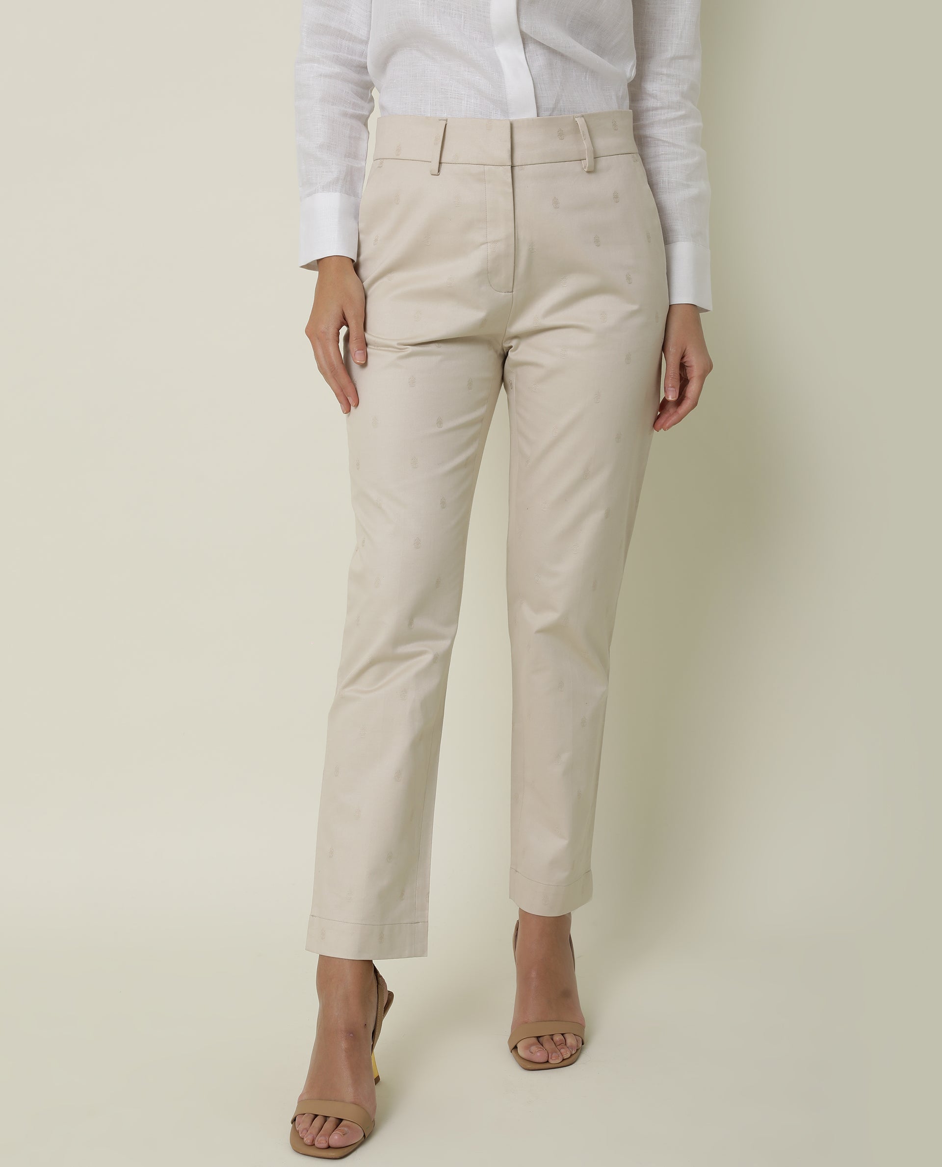 Rareism Women's Odyssey Beige Viscose Plain Ankle Length Tailored Trouser