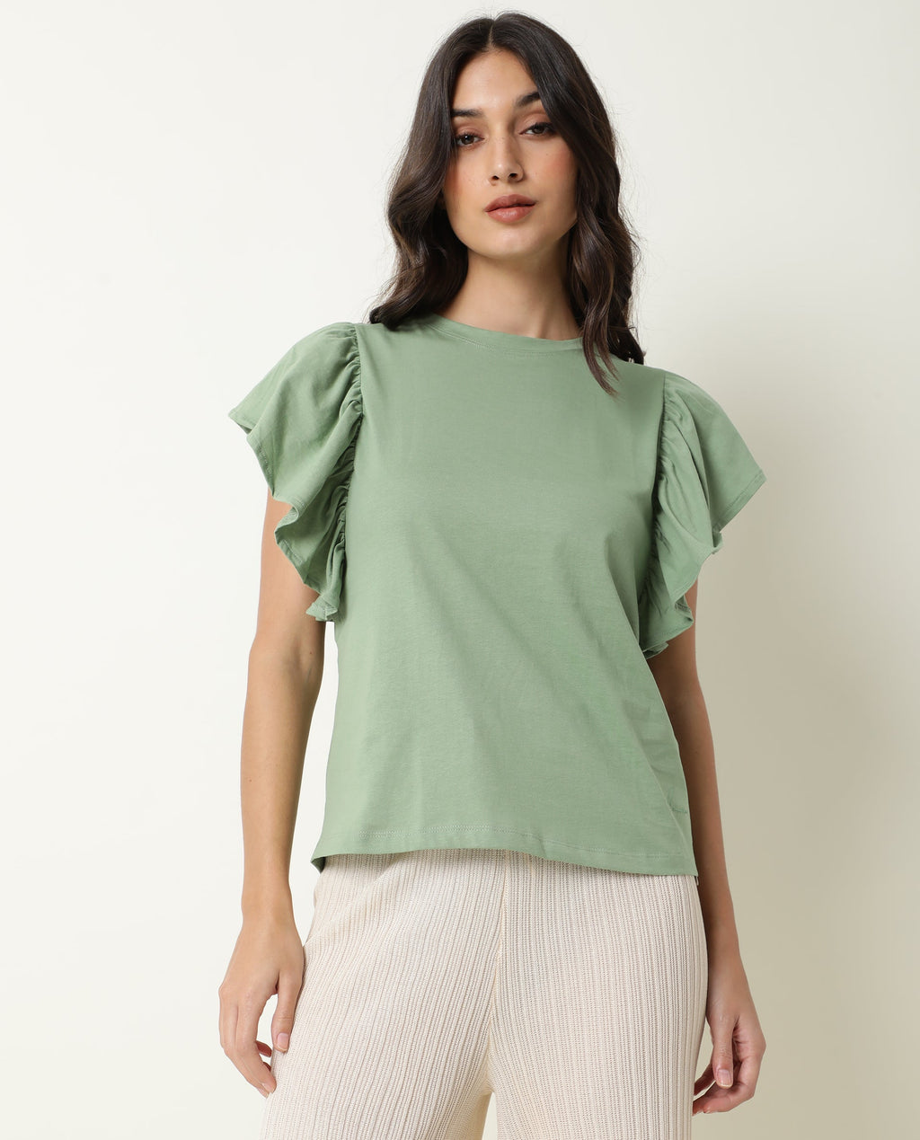 Rareism Women's Yatch Green Crew Neck Plain Regular Fit Top