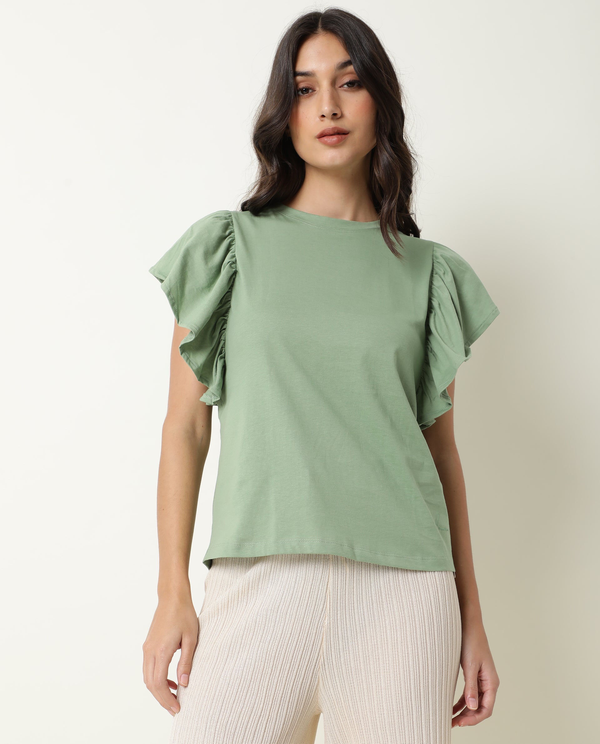 Rareism Women's Yatch Green Crew Neck Plain Regular Fit Top