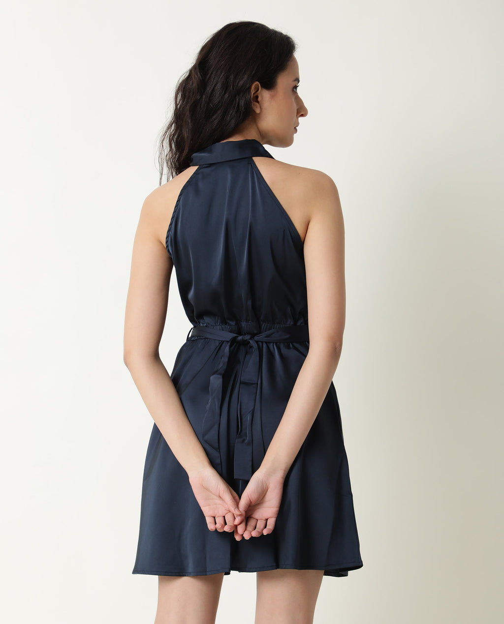 Rareism Women's Sulphur Navy Modal Blend Halter Neck Plain Sleeveless Mini Regular Fit Dress