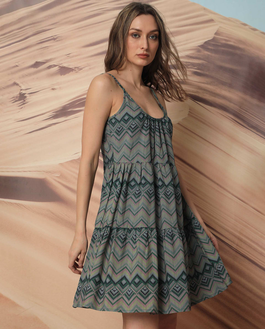 Rareism Women's Callie - Green Polyester Collarless Geometric Print Shoulder Strap Knee Length Regular Fit Dress