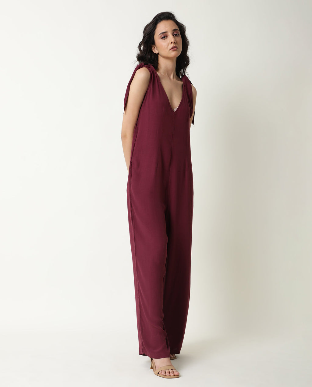Rareism Women's Pivot Maroon Viscose V-Neck Plain Sleeveless Knee Length Tailored Jumpsuit