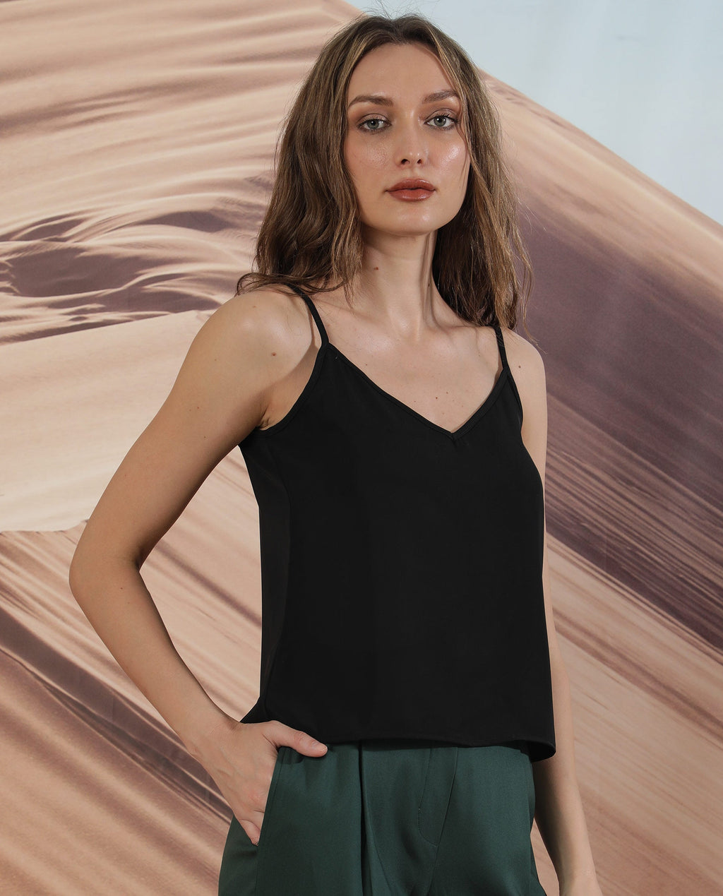 Rareism Women's Slipo Black Polyester V-Neck Plain Shoulder Strap Knee Length Regular Fit Inner Wear Slip