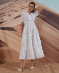 Rareism Women's Rivoli White Cotton V-Neck Plain Balloon Sleeve Maxi Regular Fit Dress