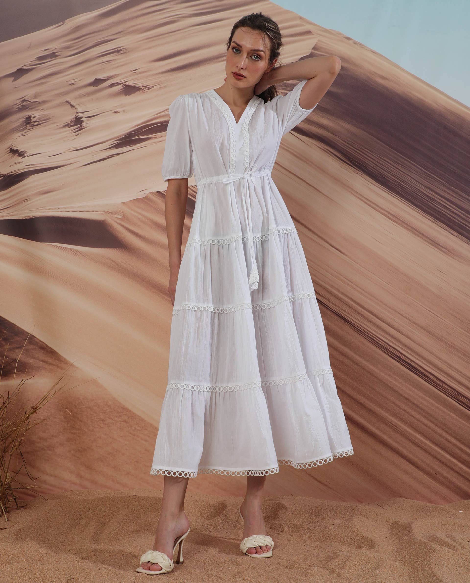 Rareism Women's Rivoli White Cotton V-Neck Plain Balloon Sleeve Maxi Regular Fit Dress