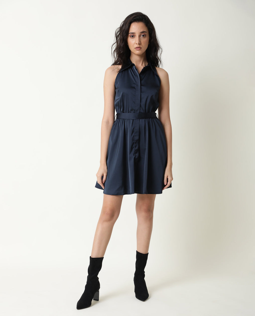 Rareism Women's Sulphur Navy Modal Blend Halter Neck Plain Sleeveless Mini Regular Fit Dress