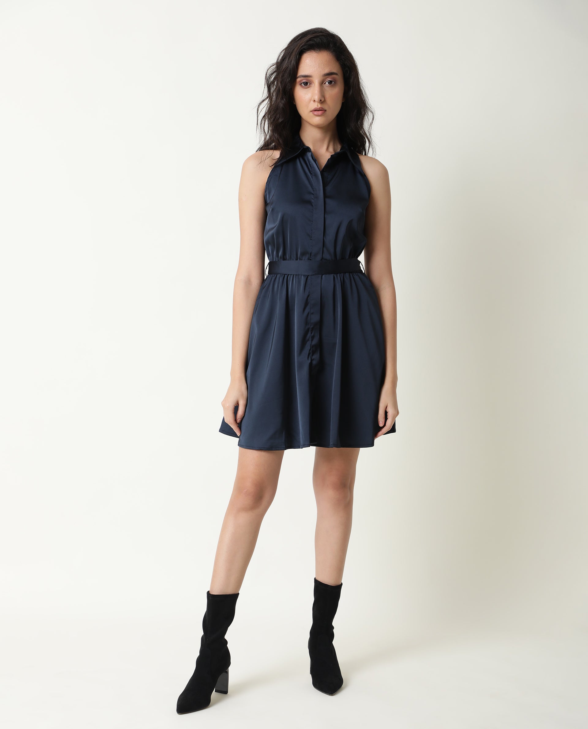 Rareism Women's Sulphur Navy Modal Blend Halter Neck Plain Sleeveless Mini Regular Fit Dress