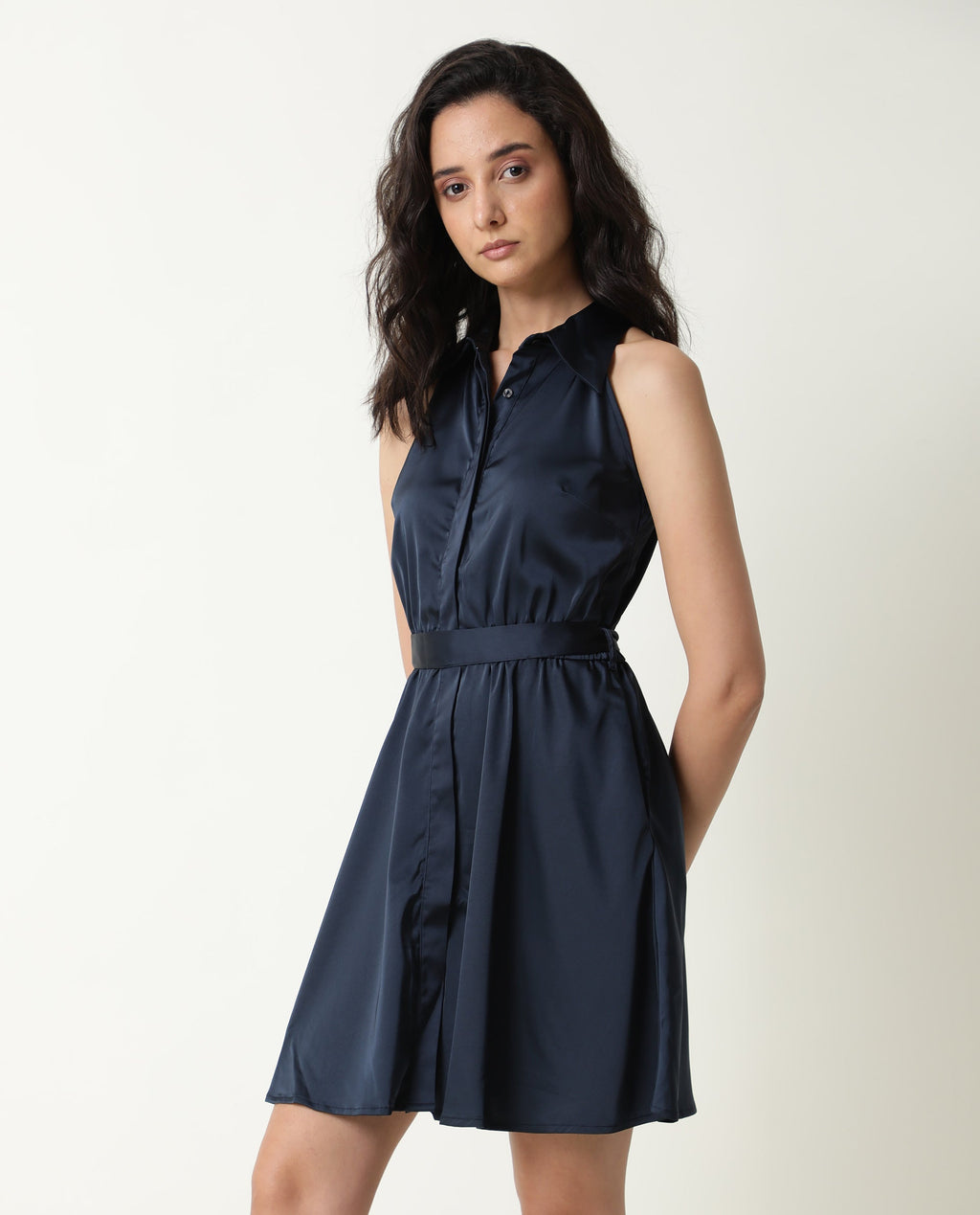 Rareism Women's Sulphur Navy Modal Blend Halter Neck Plain Sleeveless Mini Regular Fit Dress