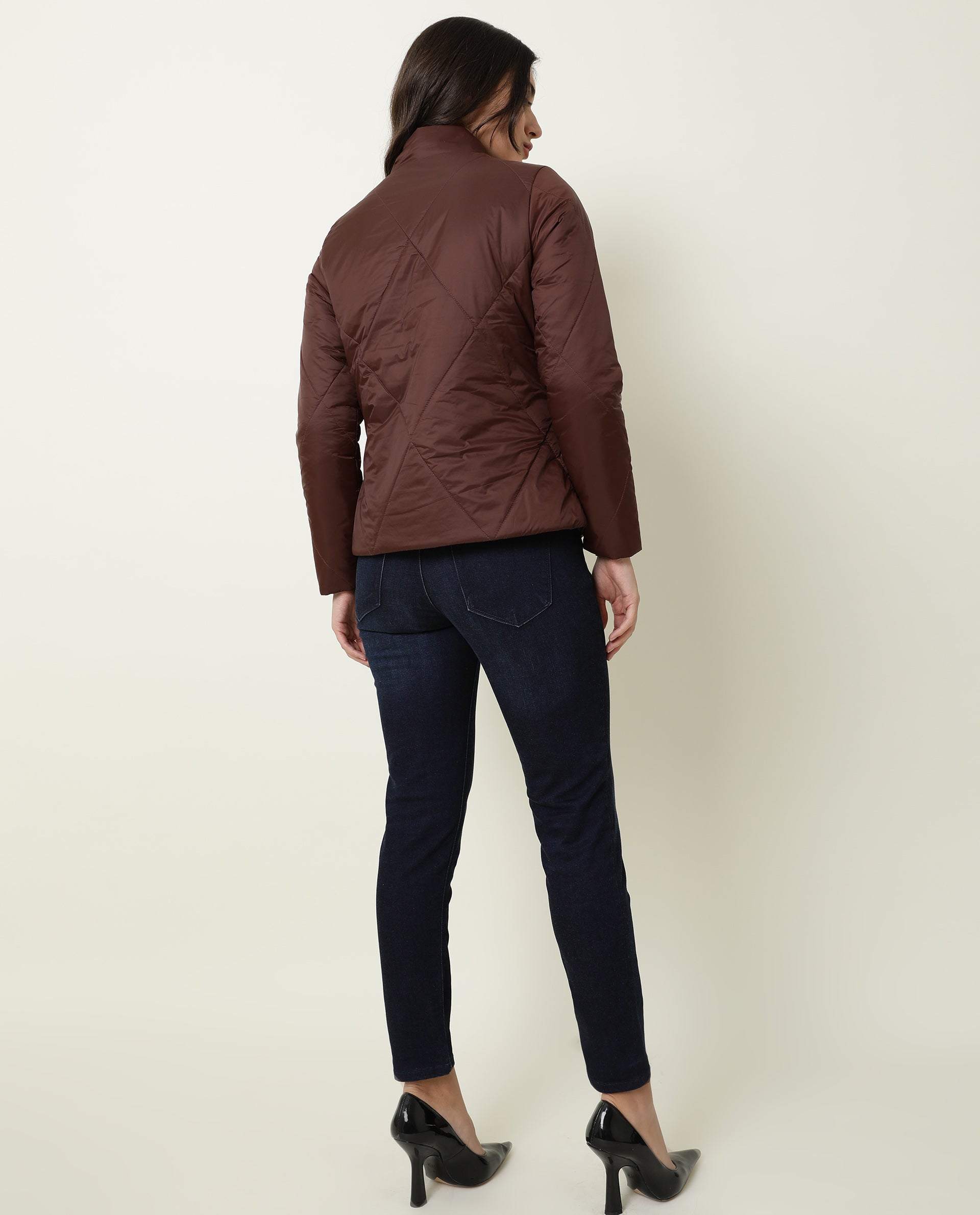 Rareism Women's Cora Maroon Polyester High Neck Plain Regular Fit Jacket