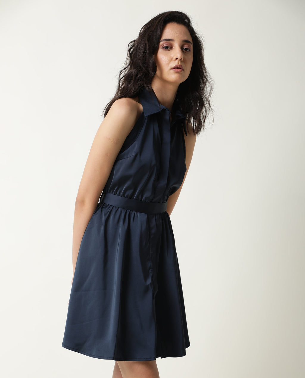 Rareism Women's Sulphur Navy Modal Blend Halter Neck Plain Sleeveless Mini Regular Fit Dress
