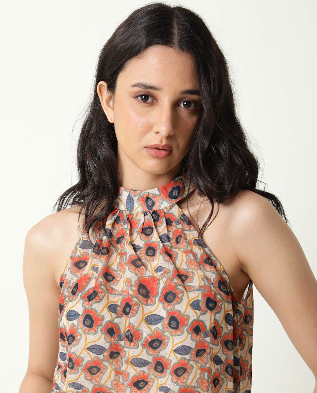 Rareism Women's Blake Beige Boat Neck Floral Print Sleeveless Knee Length Relaxed Fit Top