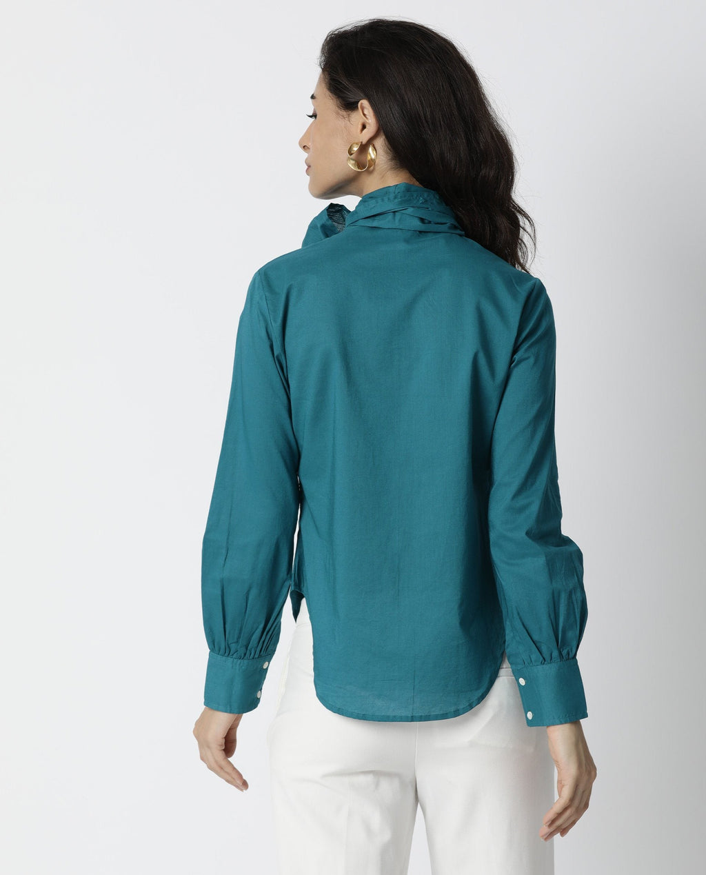 Rareism Women's Flame Petrol Cotton V-Neck Plain Tailored Top