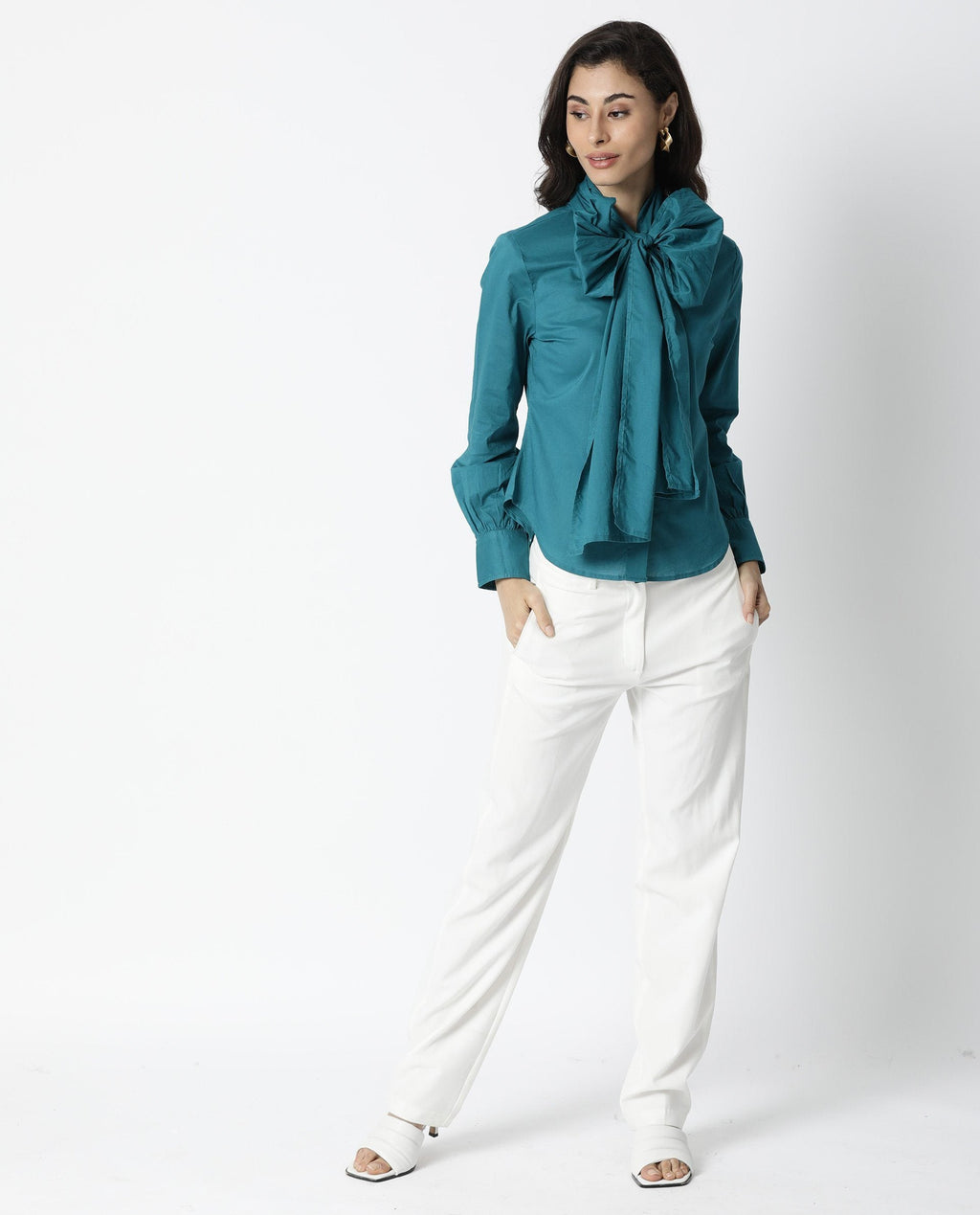Rareism Women's Flame Petrol Cotton V-Neck Plain Tailored Top