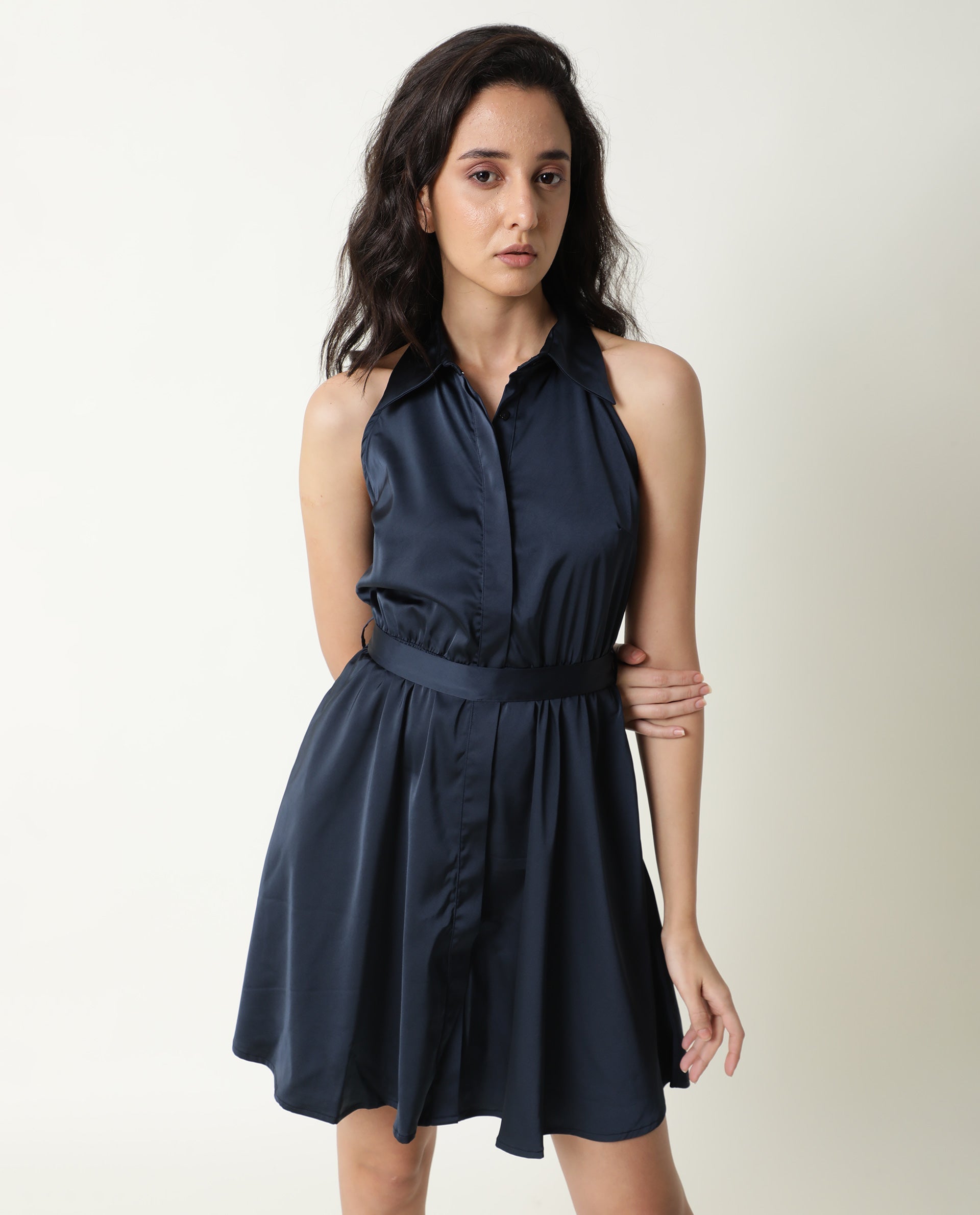 Rareism Women's Sulphur Navy Modal Blend Halter Neck Plain Sleeveless Mini Regular Fit Dress