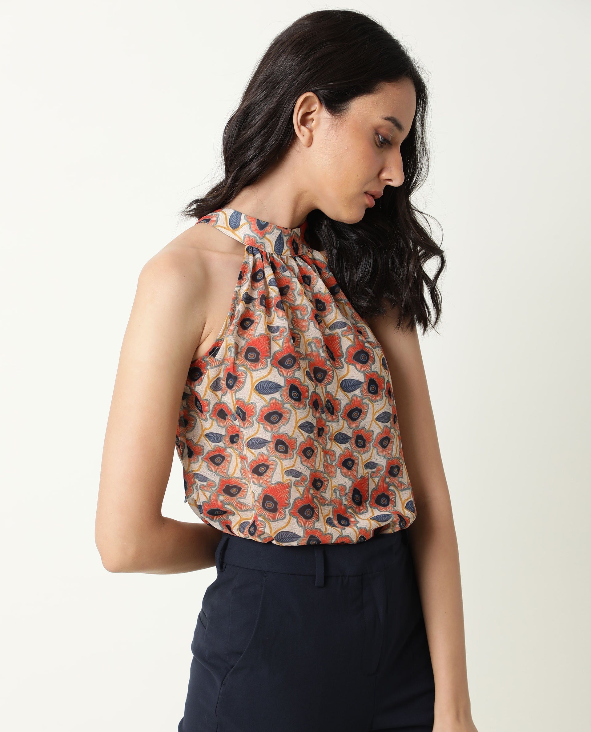 Rareism Women's Blake Beige Boat Neck Floral Print Sleeveless Knee Length Relaxed Fit Top