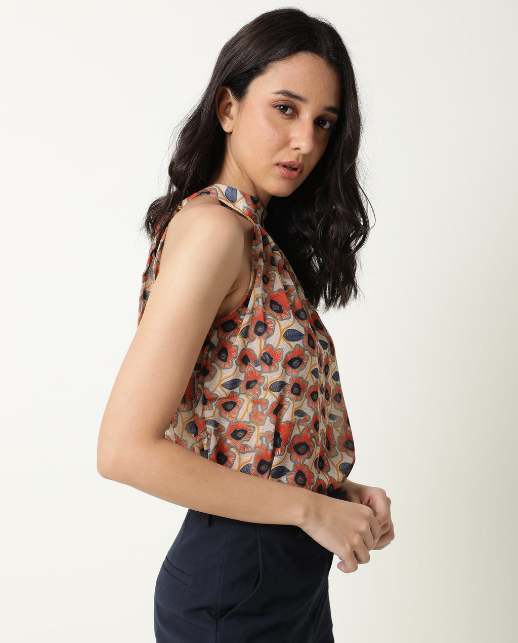 Rareism Women's Blake Beige Boat Neck Floral Print Sleeveless Knee Length Relaxed Fit Top