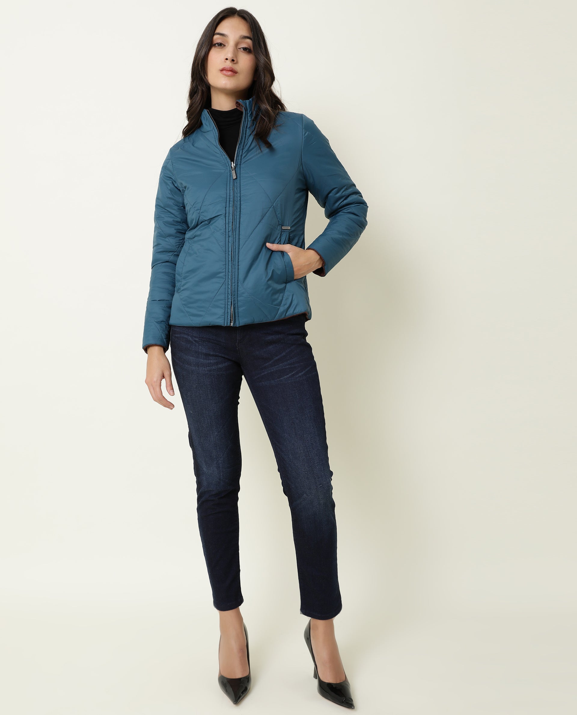 Rareism Women's Cora Maroon Polyester High Neck Plain Regular Fit Jacket