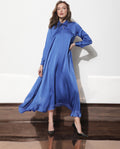 Rareism Women's Galaxyy Blue Modal Spread Collar Plain Maxi Regular Fit Dress