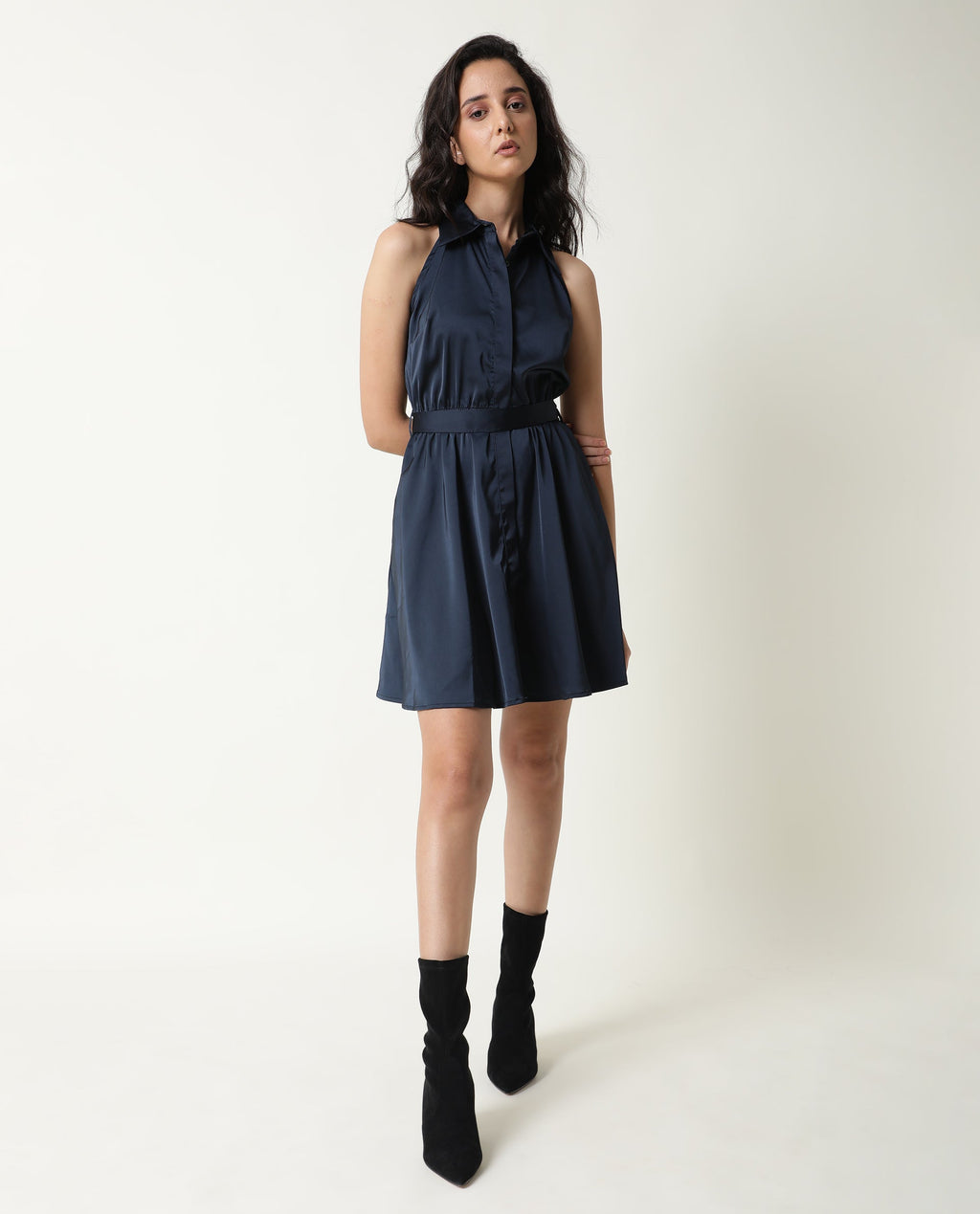 Rareism Women's Sulphur Navy Modal Blend Halter Neck Plain Sleeveless Mini Regular Fit Dress