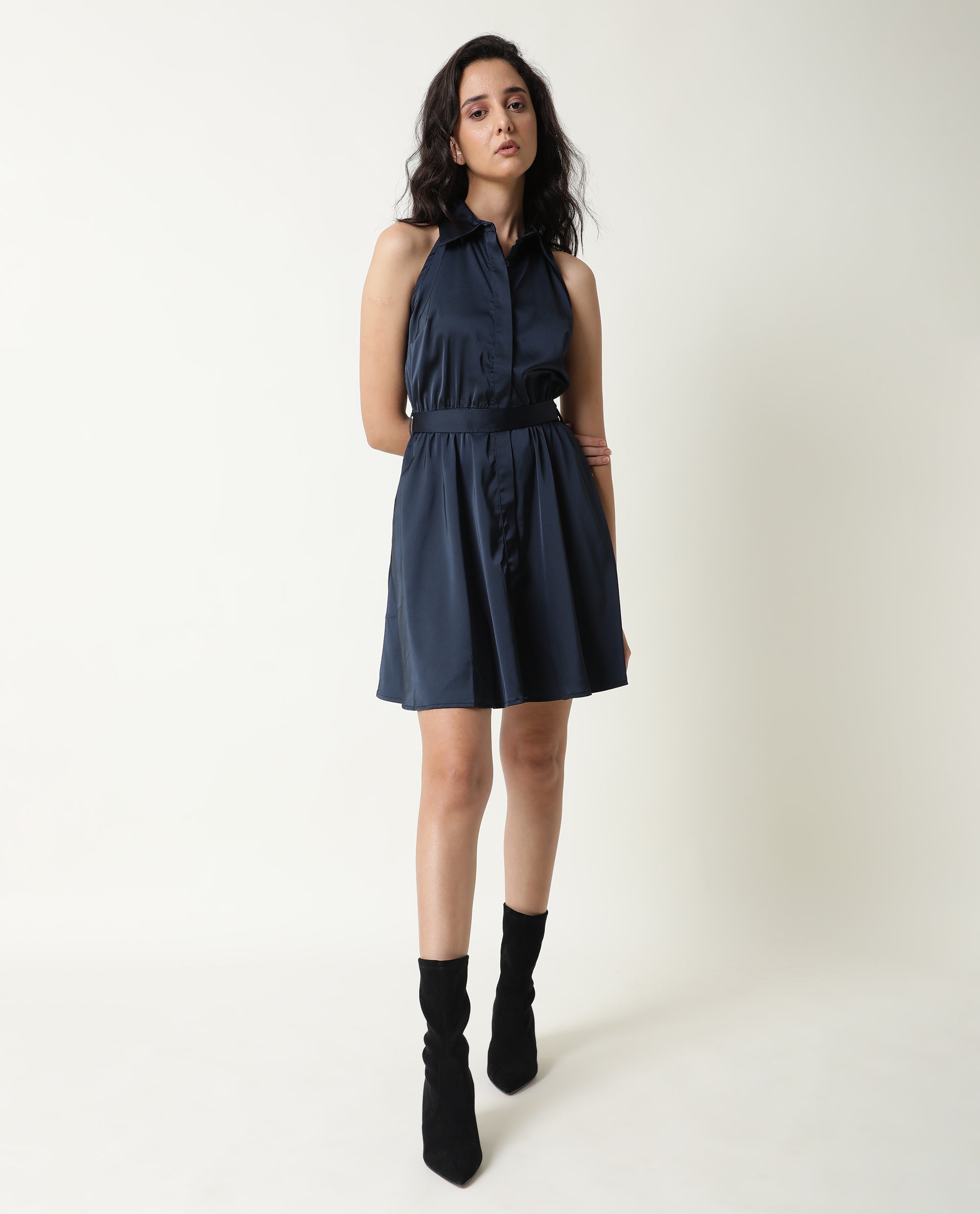 Rareism Women's Sulphur Navy Modal Blend Halter Neck Plain Sleeveless Mini Regular Fit Dress
