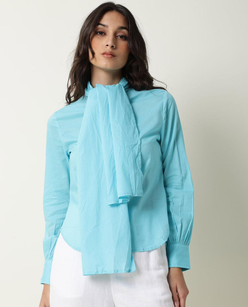 Rareism Women's Flame Blue Tie-Up Neck Plain Knee Length Regular Fit Top