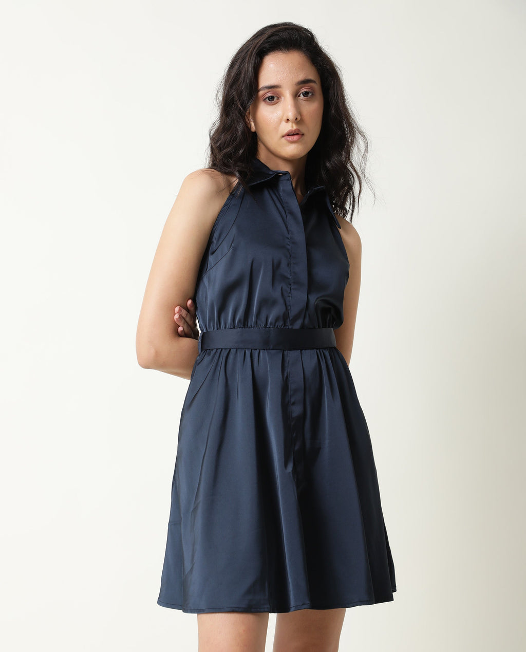 Rareism Women's Sulphur Navy Modal Blend Halter Neck Plain Sleeveless Mini Regular Fit Dress