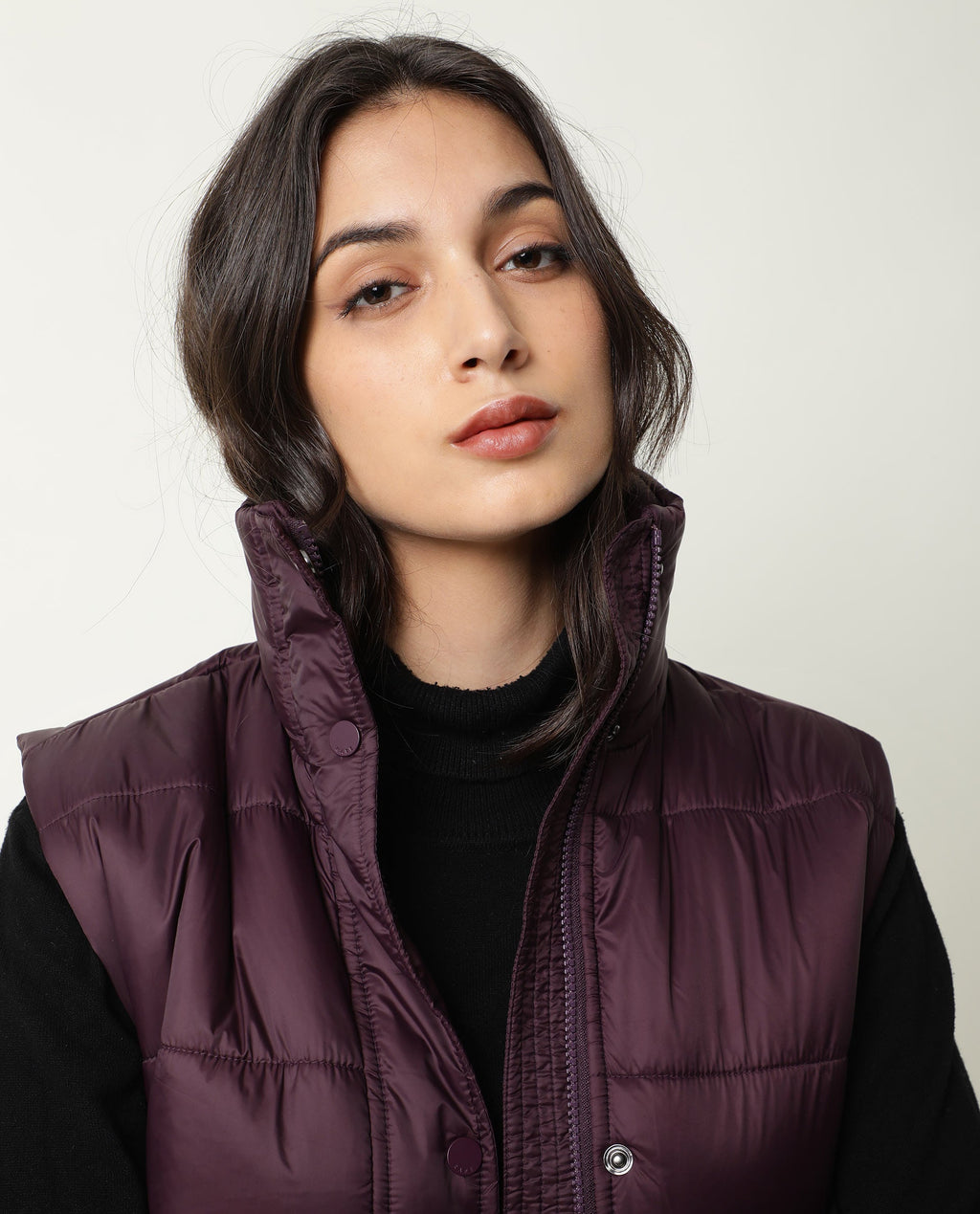 Rareism Women's Ziazan Maroon Polyester High Neck Plain Sleeveless Regular Fit Jacket