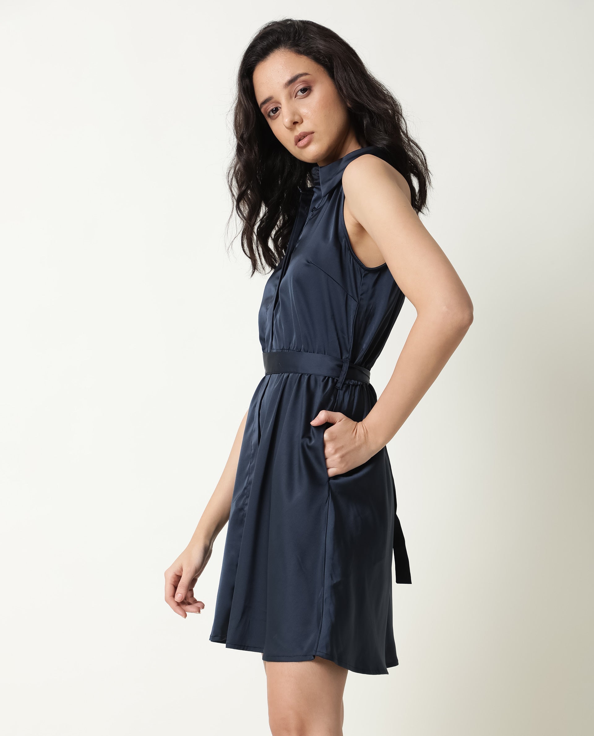 Rareism Women's Sulphur Navy Modal Blend Halter Neck Plain Sleeveless Mini Regular Fit Dress