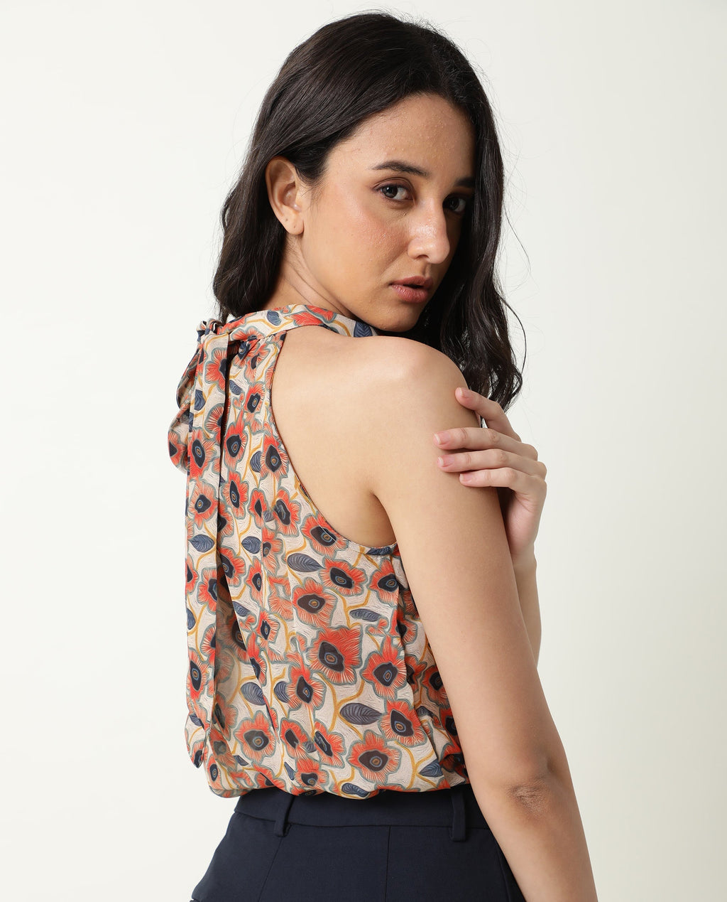 Rareism Women's Blake Beige Boat Neck Floral Print Sleeveless Knee Length Relaxed Fit Top