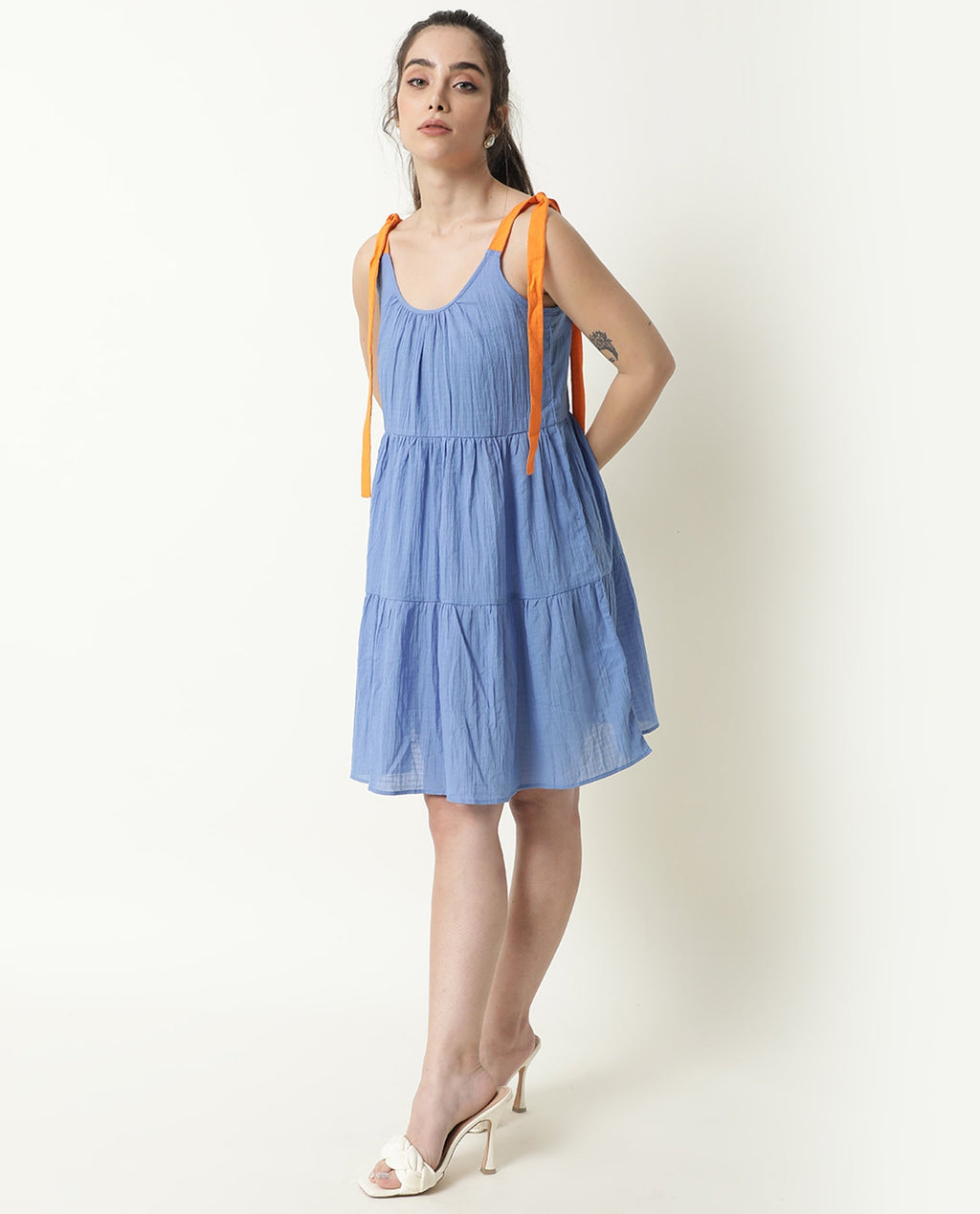 Rareism Womens Melt Blue Dress Cotton Fabric Regular Fit Sleeveless Scoop Neck