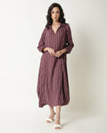 Rareism Women's Wakanda Maroon Spread Collar Striped Knee Length Regular Fit Dress
