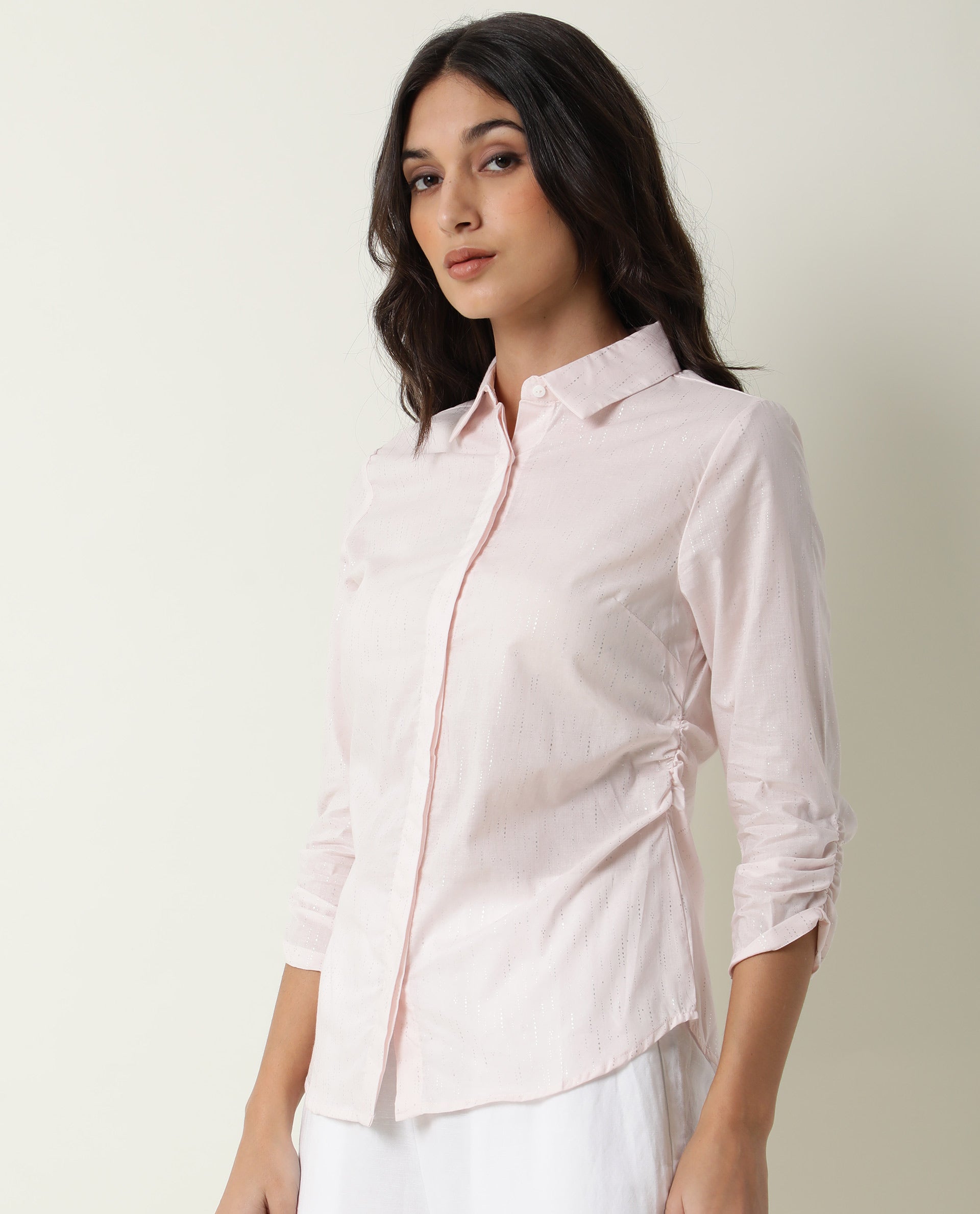 Rareism Women's Humpty Pink Spread Collar Plain Knee Length Regular Fit Top